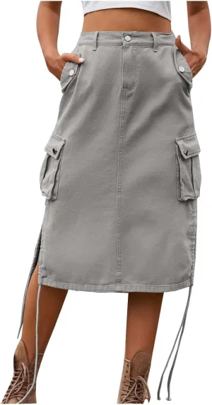 Cargo Skirts for Women with Pocket Midi Length Denim Skirt High Waisted Maxi Skirt Tie Split Jean Skirt Summer Skirts