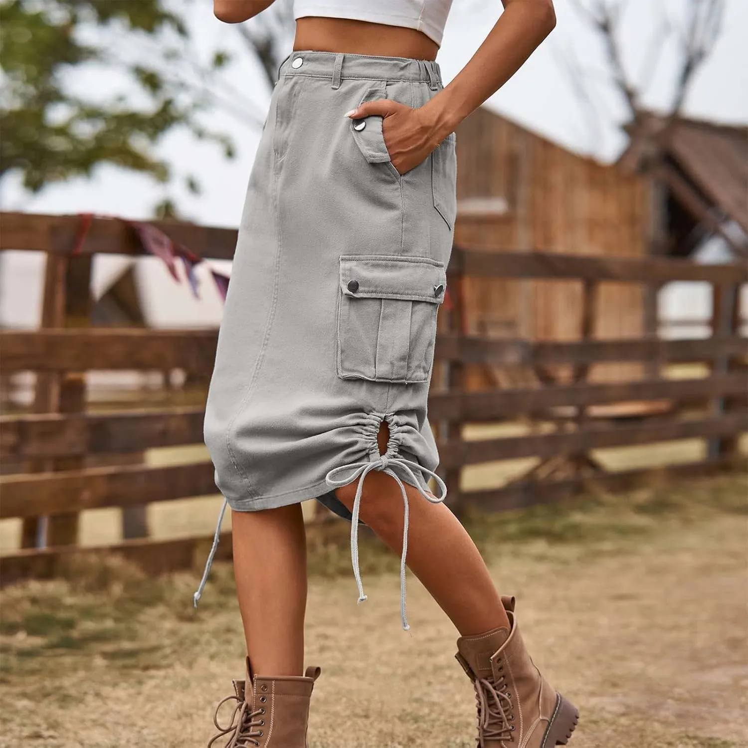 Cargo Skirts for Women with Pocket Midi Length Denim Skirt High Waisted Maxi Skirt Tie Split Jean Skirt Summer Skirts