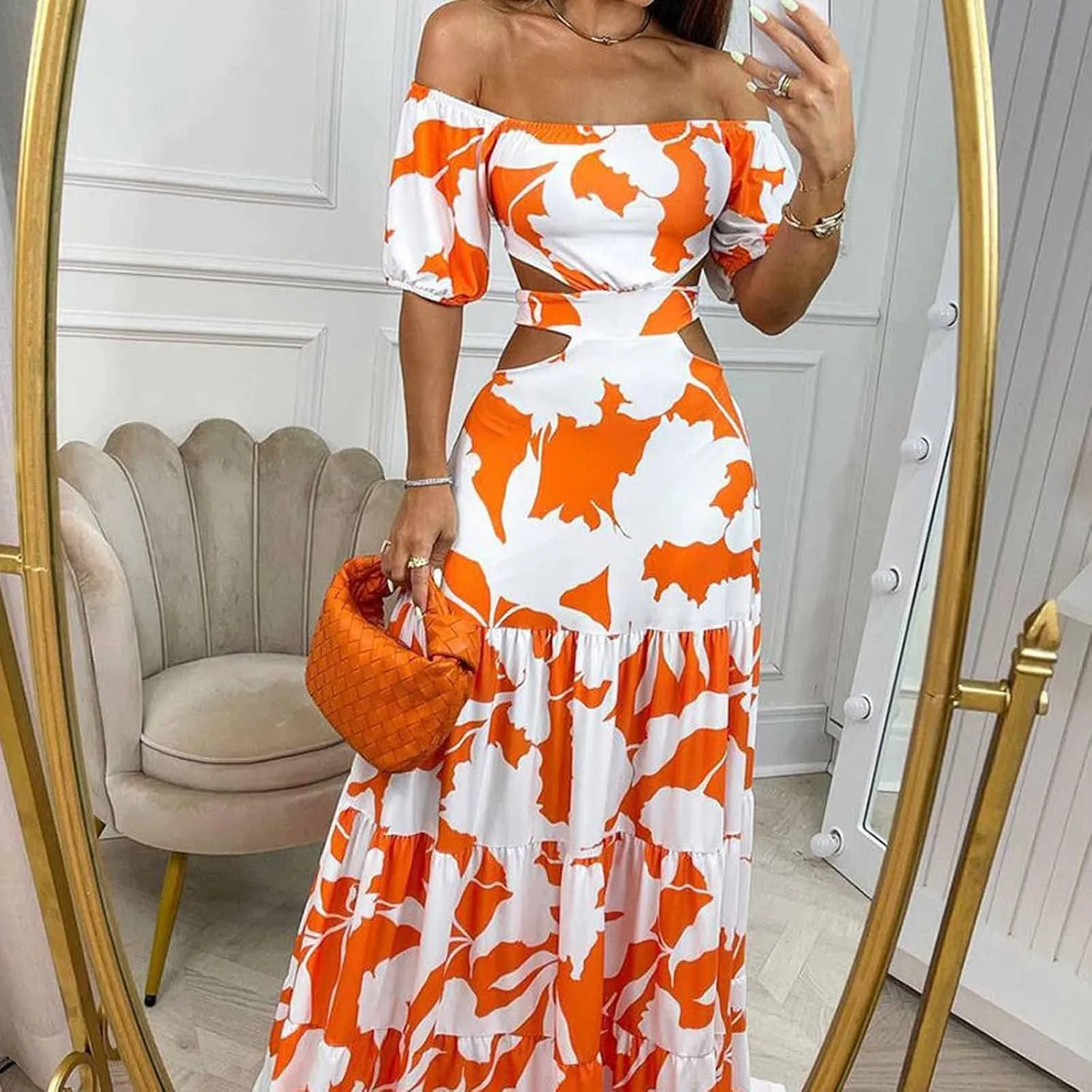 Casual Dresses for Women Off The Shoulder Boho Dress Summer Maxi Sundress Beach Hollow Out Tiered Sexy Flowy Dress