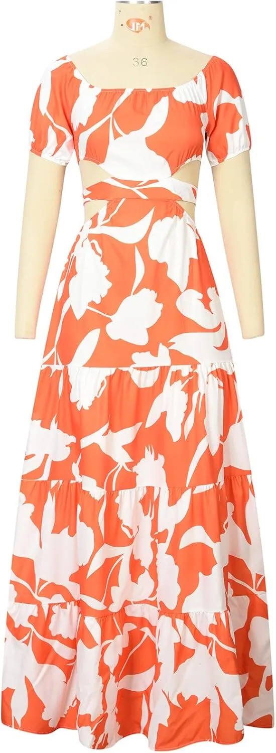 Casual Dresses for Women Off The Shoulder Boho Dress Summer Maxi Sundress Beach Hollow Out Tiered Sexy Flowy Dress