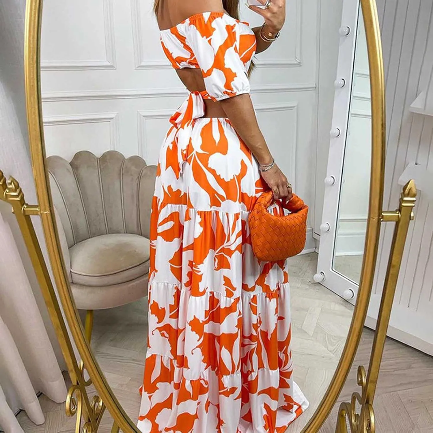 Casual Dresses for Women Off The Shoulder Boho Dress Summer Maxi Sundress Beach Hollow Out Tiered Sexy Flowy Dress