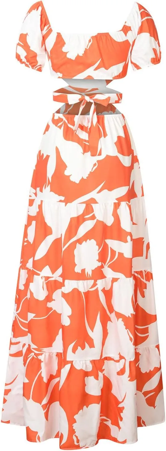 Casual Dresses for Women Off The Shoulder Boho Dress Summer Maxi Sundress Beach Hollow Out Tiered Sexy Flowy Dress
