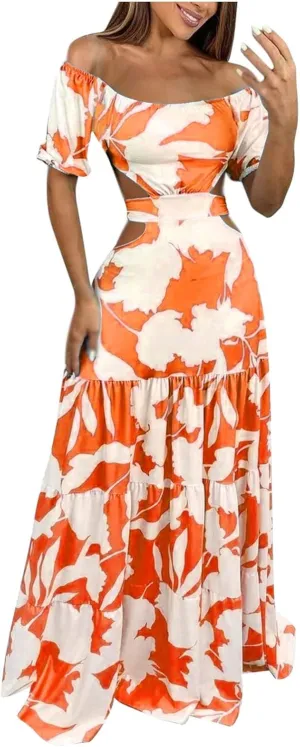 Casual Dresses for Women Off The Shoulder Boho Dress Summer Maxi Sundress Beach Hollow Out Tiered Sexy Flowy Dress