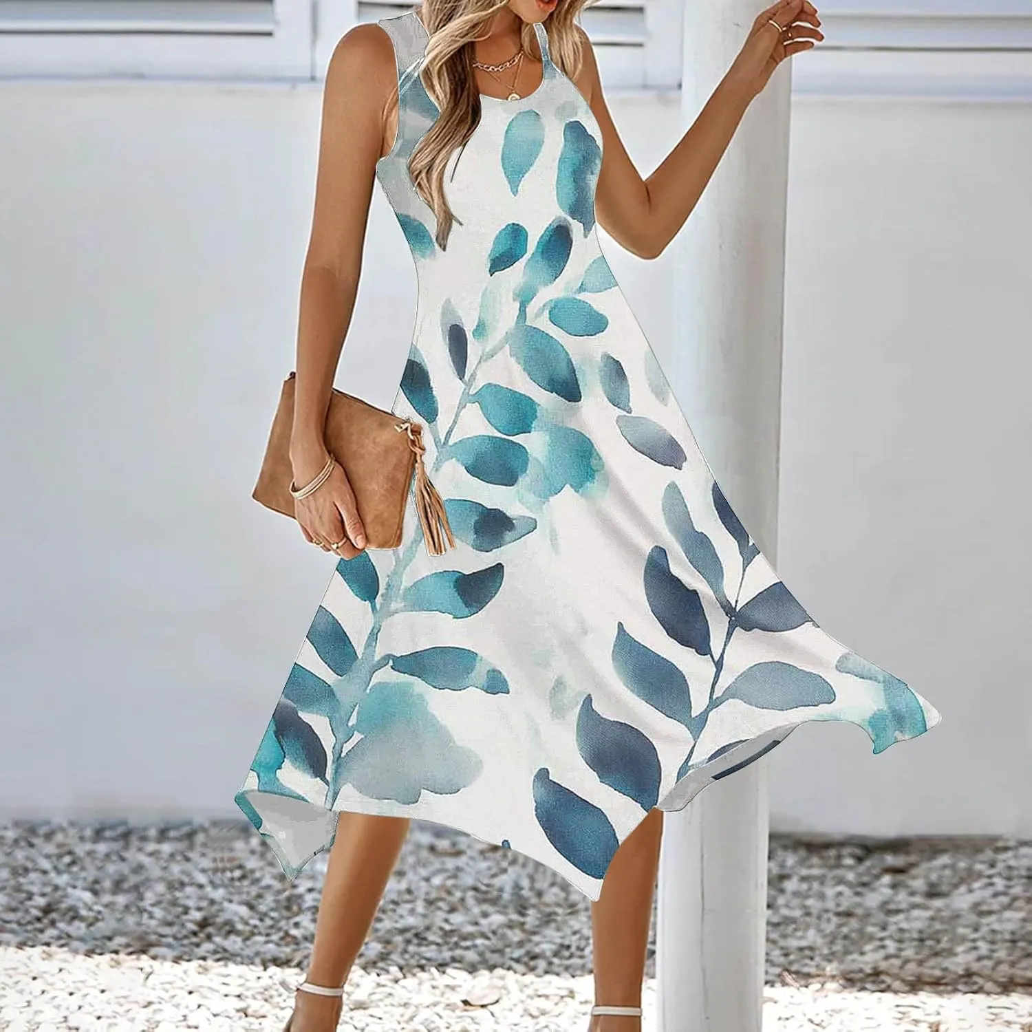Casual Dresses for Women Summer Sleeveless Floral Beach Sundresses Flowy Irregular Hem Wedding Guest Midi Dress