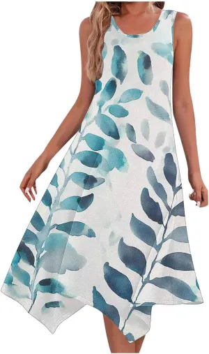 Casual Dresses for Women Summer Sleeveless Floral Beach Sundresses Flowy Irregular Hem Wedding Guest Midi Dress