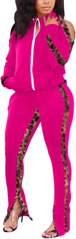 Choichic Jogging Suits for Women - Sweat Suits Set Zipper Hoodies Sweatshirt   Wide Leg Slit Pants Tracksuit Set