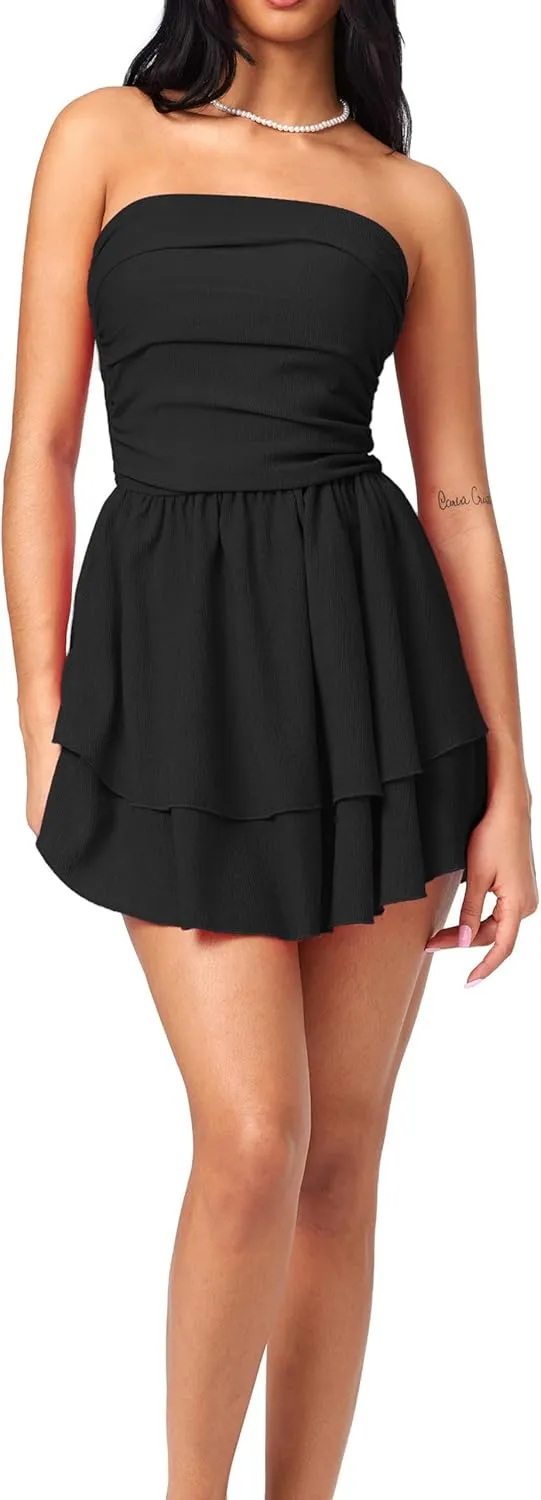 CIDER Women's Summer Cocktail Dress - Tube Ruched Ruffle Mini Dress