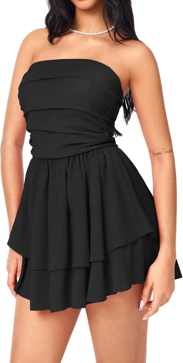 CIDER Women's Summer Cocktail Dress - Tube Ruched Ruffle Mini Dress