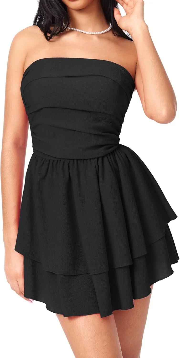 CIDER Women's Summer Cocktail Dress - Tube Ruched Ruffle Mini Dress