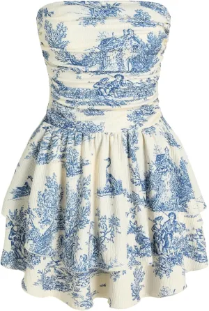 CIDER Women's Summer Cocktail Dress - Tube Ruched Ruffle Mini Dress