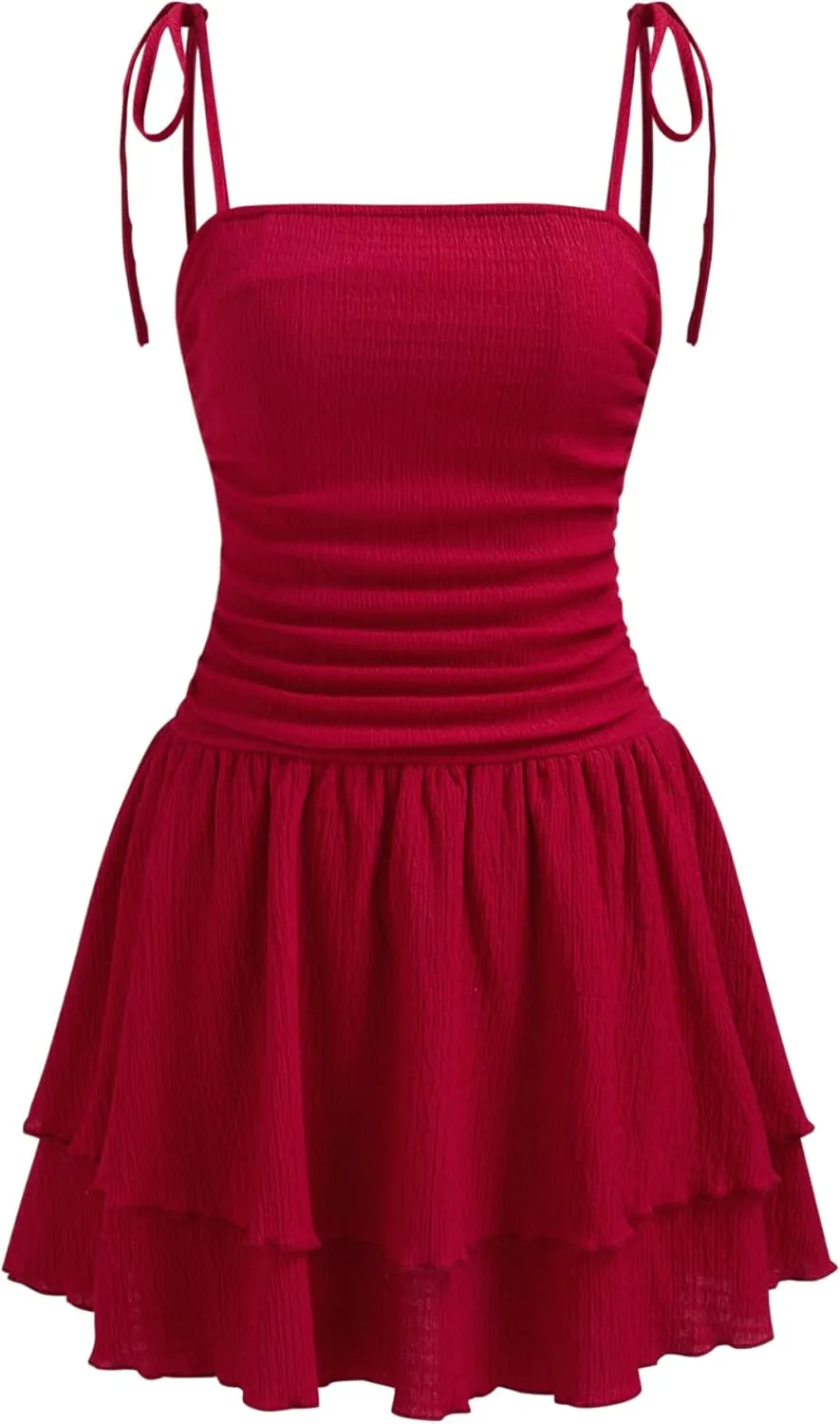 CIDER Women's Summer Mini Cocktail Dress Strap Ruched Square Neck Layered Sleeveless A Line Short Dress Trendy