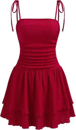 CIDER Women's Summer Mini Cocktail Dress Strap Ruched Square Neck Layered Sleeveless A Line Short Dress Trendy