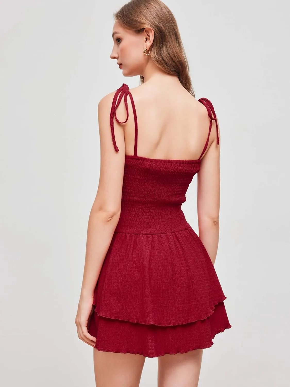 CIDER Women's Summer Mini Cocktail Dress Strap Ruched Square Neck Layered Sleeveless A Line Short Dress Trendy