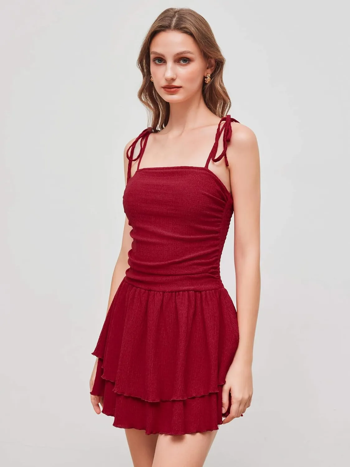 CIDER Women's Summer Mini Cocktail Dress Strap Ruched Square Neck Layered Sleeveless A Line Short Dress Trendy