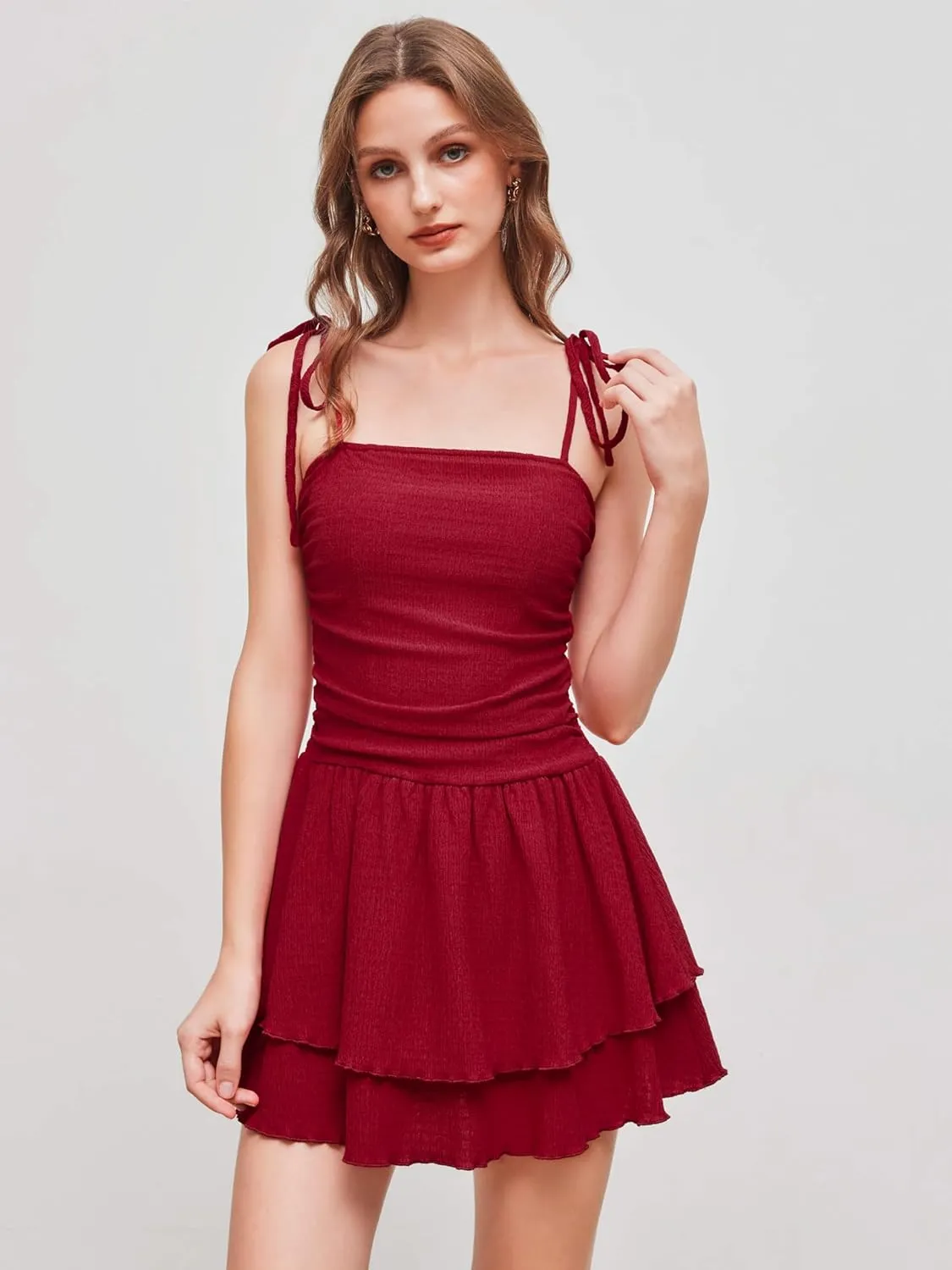 CIDER Women's Summer Mini Cocktail Dress Strap Ruched Square Neck Layered Sleeveless A Line Short Dress Trendy