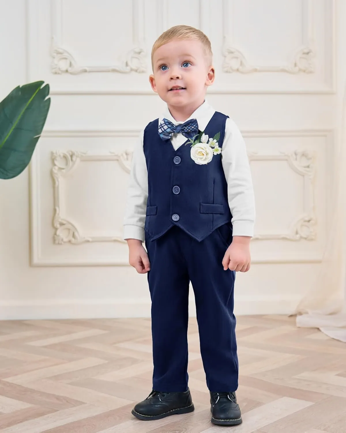 Coco&RARA Baby Boy Clothes Suits Infant Tuxedo Gentleman Outfits, Formal Dress Shirt Vest Corsage tie Pants Baby Suit Sets