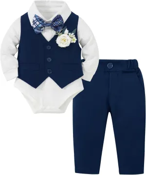 Coco&RARA Baby Boy Clothes Suits Infant Tuxedo Gentleman Outfits, Formal Dress Shirt Vest Corsage tie Pants Baby Suit Sets