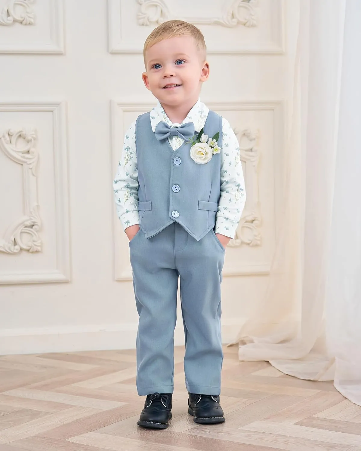 Coco&RARA Baby Boy Clothes Suits Infant Tuxedo Gentleman Outfits, Formal Dress Shirt Vest Corsage tie Pants Baby Suit Sets