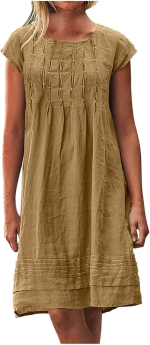 Cotton Linen Dress for Women Pleated Summer Dresses Crewneck Short Sleeve Sundress Beach Vacation Casual Mini Dress
