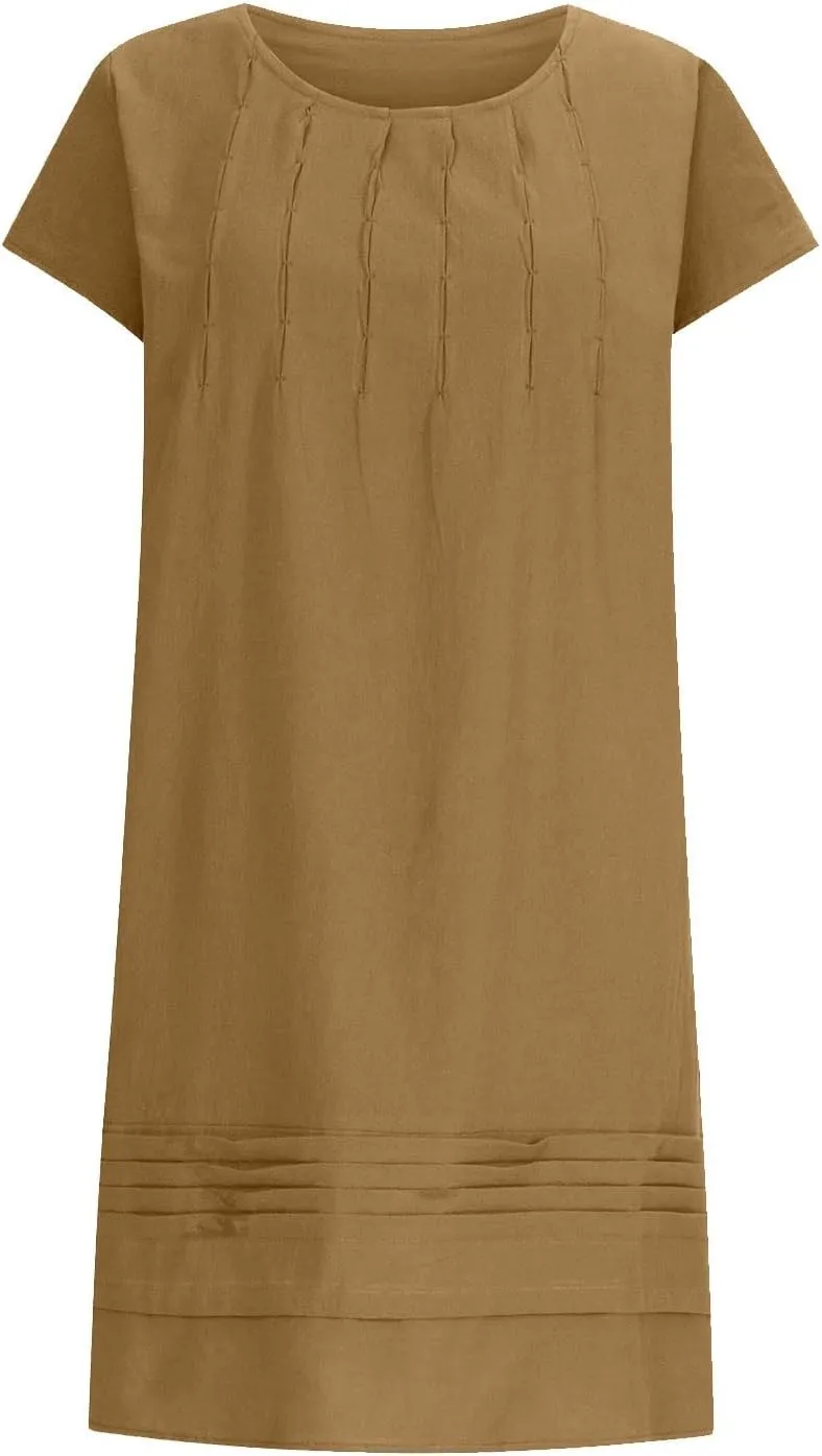 Cotton Linen Dress for Women Pleated Summer Dresses Crewneck Short Sleeve Sundress Beach Vacation Casual Mini Dress