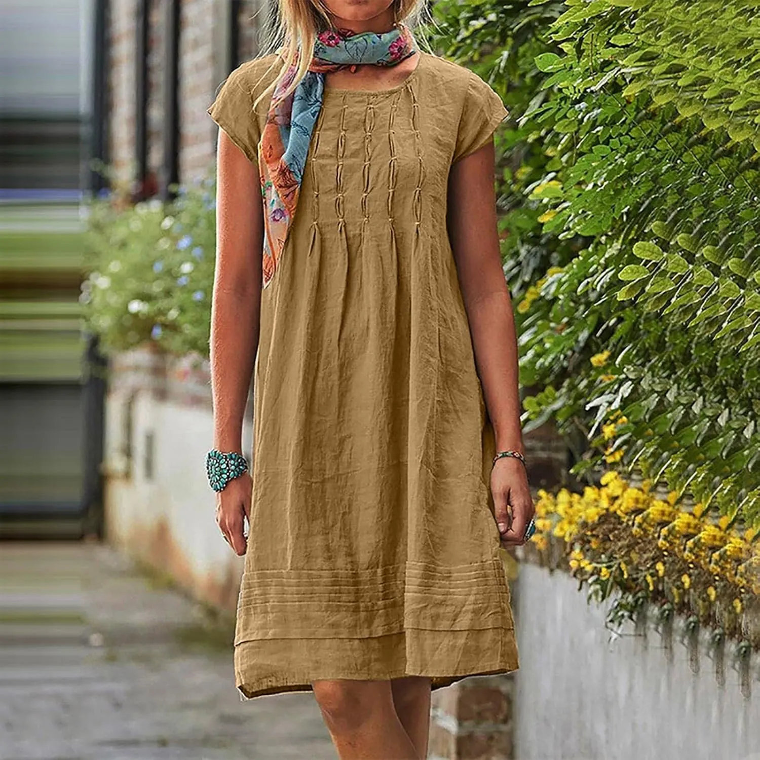 Cotton Linen Dress for Women Pleated Summer Dresses Crewneck Short Sleeve Sundress Beach Vacation Casual Mini Dress