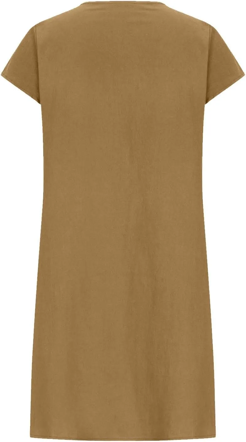 Cotton Linen Dress for Women Pleated Summer Dresses Crewneck Short Sleeve Sundress Beach Vacation Casual Mini Dress