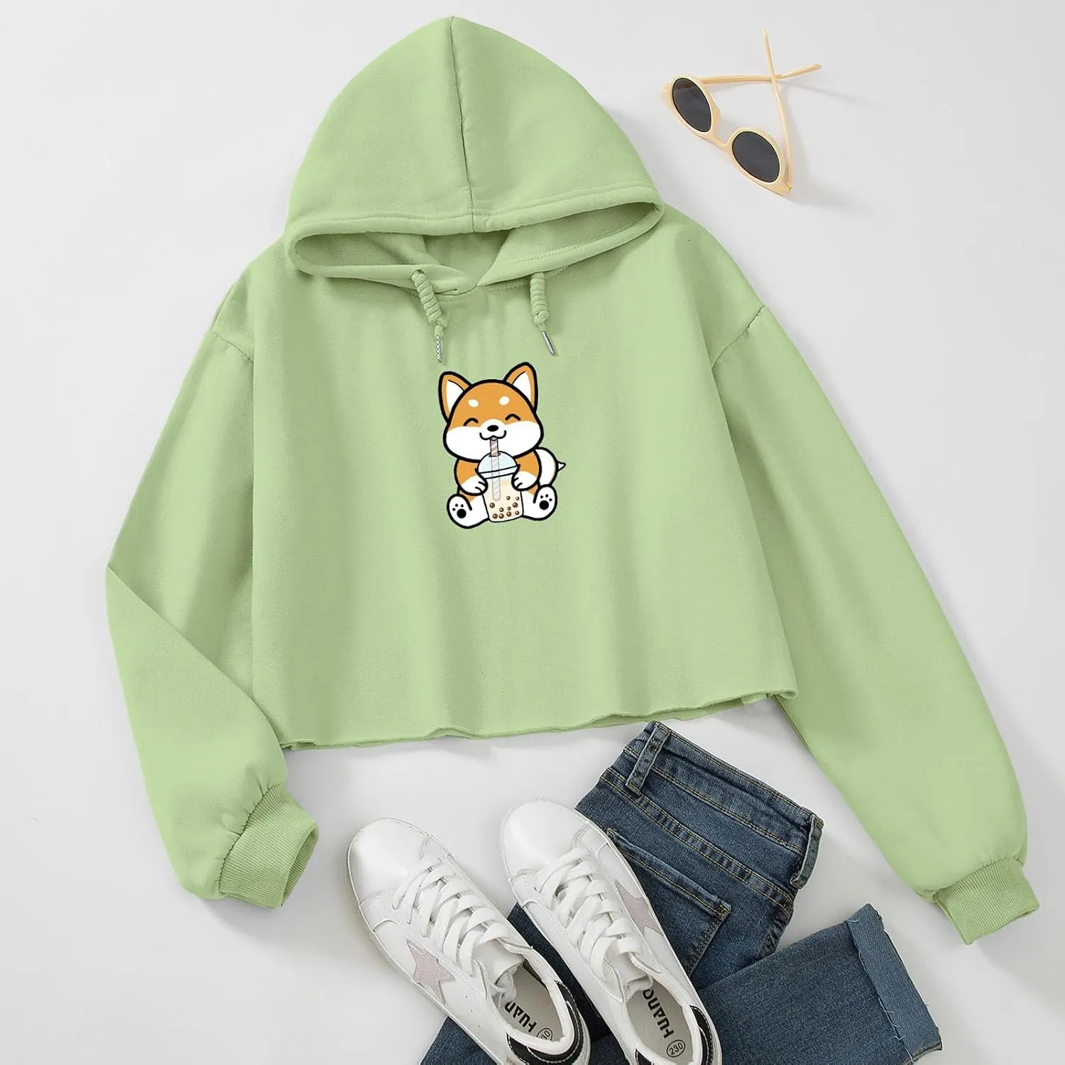 Cute Womens Kawaii Dog Milk Tea Graphic Cropped Hoodie Printed Crop Sweatshirt for Girl Cotton Animal Hoodies