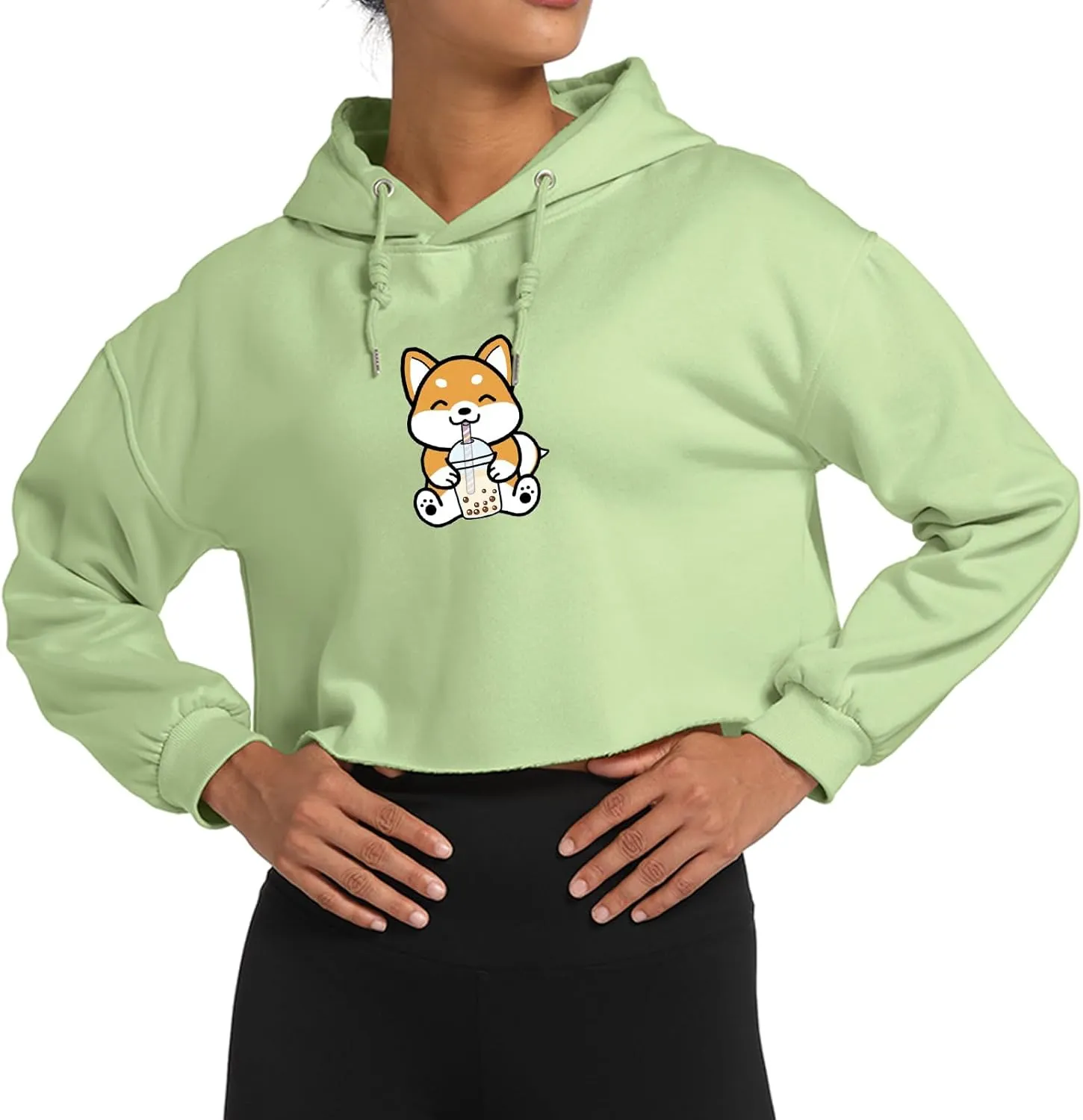 Cute Womens Kawaii Dog Milk Tea Graphic Cropped Hoodie Printed Crop Sweatshirt for Girl Cotton Animal Hoodies