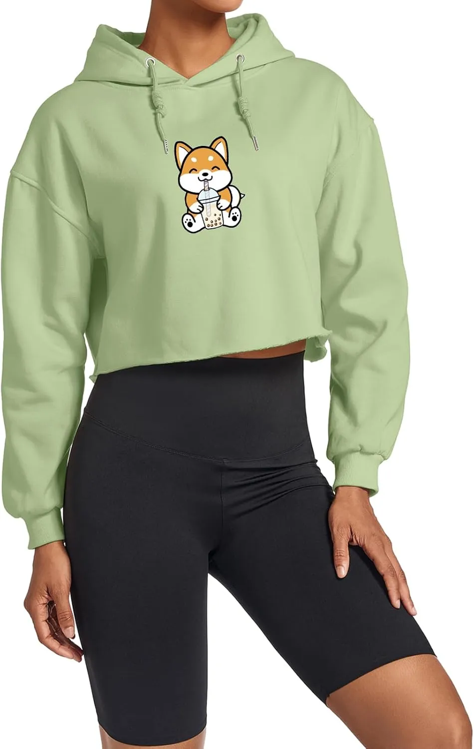 Cute Womens Kawaii Dog Milk Tea Graphic Cropped Hoodie Printed Crop Sweatshirt for Girl Cotton Animal Hoodies