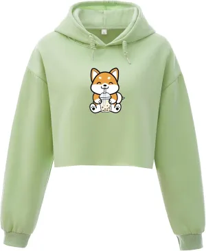 Cute Womens Kawaii Dog Milk Tea Graphic Cropped Hoodie Printed Crop Sweatshirt for Girl Cotton Animal Hoodies