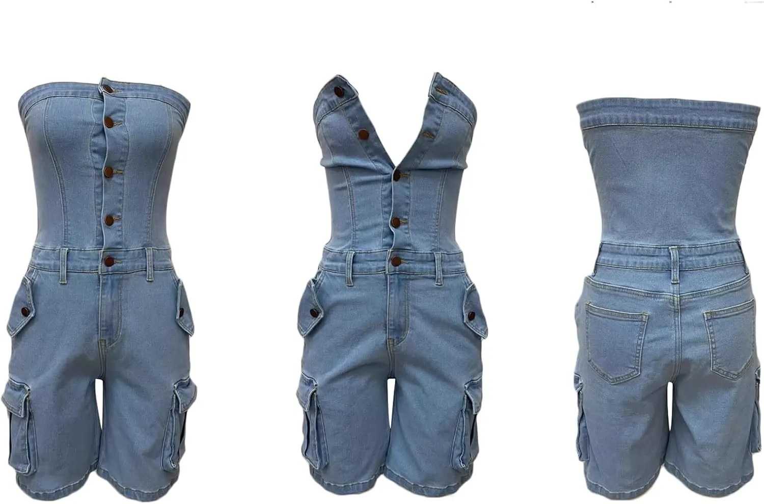 DINGANG Womens Sexy Denim Romper Strapless Tube Top Cargo Short Jean Jumpsuit Clubwear with Pockets