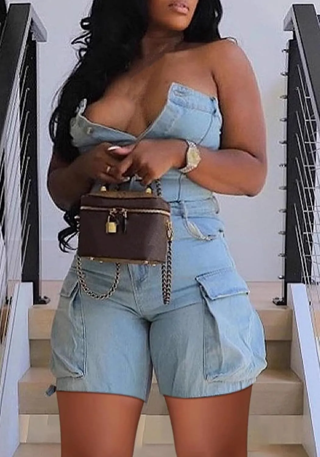 DINGANG Womens Sexy Denim Romper Strapless Tube Top Cargo Short Jean Jumpsuit Clubwear with Pockets