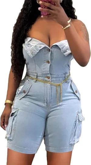 DINGANG Womens Sexy Denim Romper Strapless Tube Top Cargo Short Jean Jumpsuit Clubwear with Pockets
