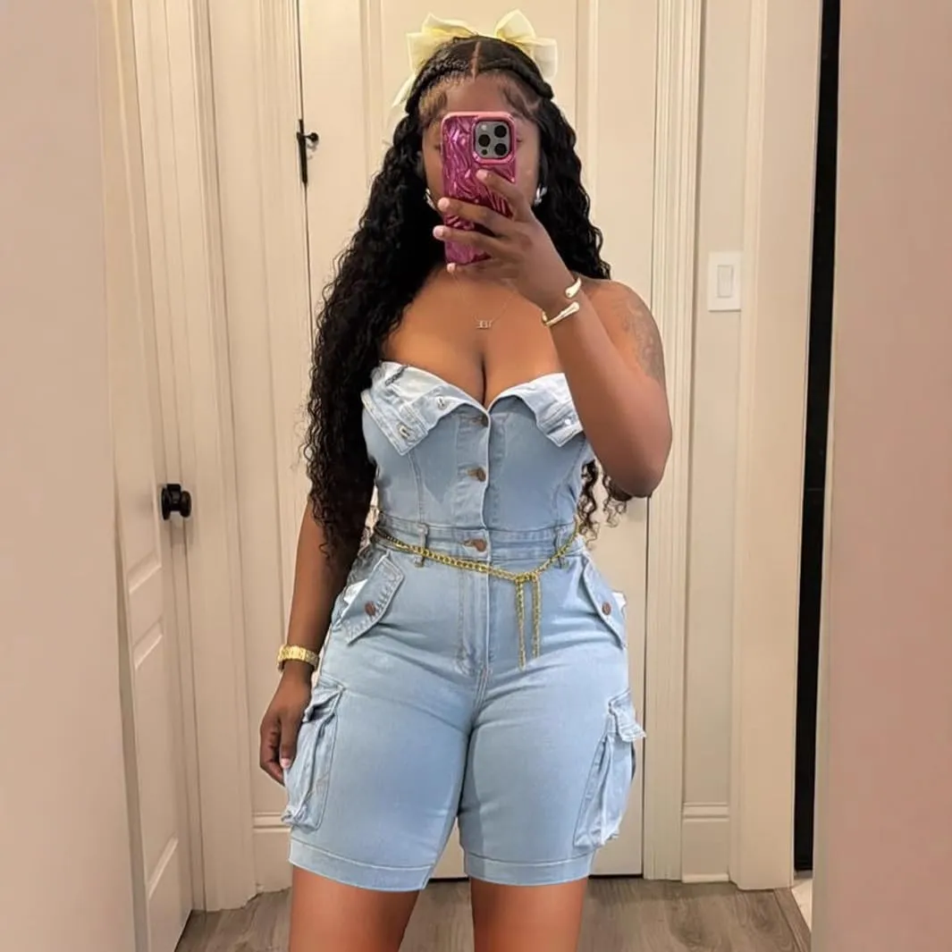 DINGANG Womens Sexy Denim Romper Strapless Tube Top Cargo Short Jean Jumpsuit Clubwear with Pockets