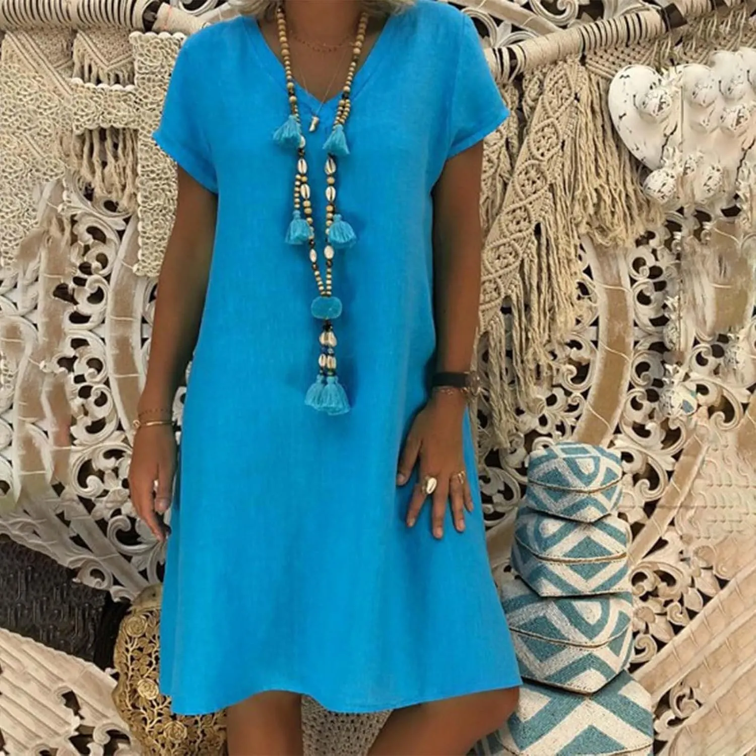 Dresses for Women 2024 Casual Summer Plus Size Short Sleeve V Neck Cotton Linen Dress Boho Beach Loose Midi Dress