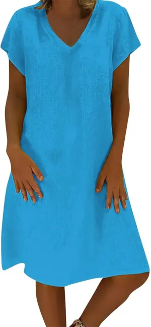 Dresses for Women 2024 Casual Summer Plus Size Short Sleeve V Neck Cotton Linen Dress Boho Beach Loose Midi Dress