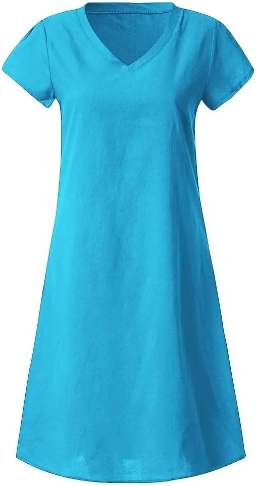 Dresses for Women 2024 Casual Summer Plus Size Short Sleeve V Neck Cotton Linen Dress Boho Beach Loose Midi Dress