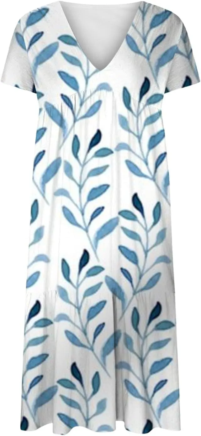 Dresses for Women 2024 Casual Tiered Gradient Summer Flowy Dresses V Neck Short Sleeve Loose Maxi Sundress Dresses