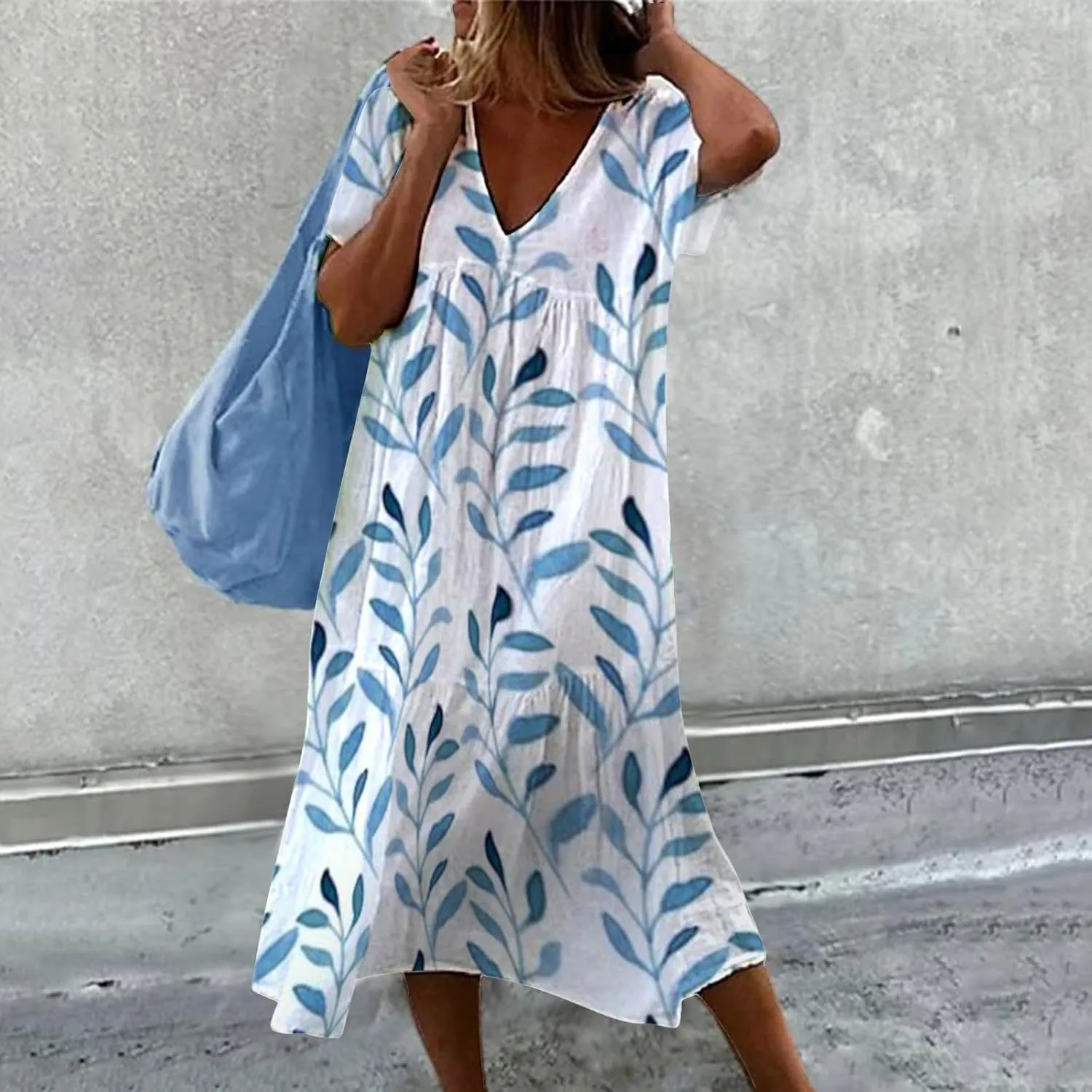 Dresses for Women 2024 Casual Tiered Gradient Summer Flowy Dresses V Neck Short Sleeve Loose Maxi Sundress Dresses