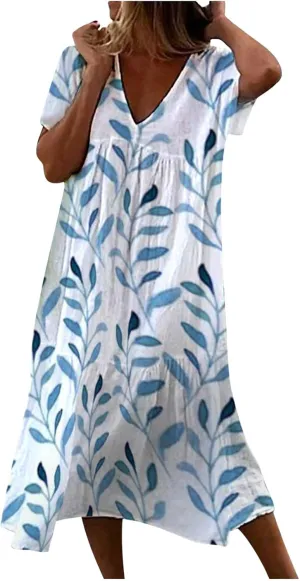 Dresses for Women 2024 Casual Tiered Gradient Summer Flowy Dresses V Neck Short Sleeve Loose Maxi Sundress Dresses