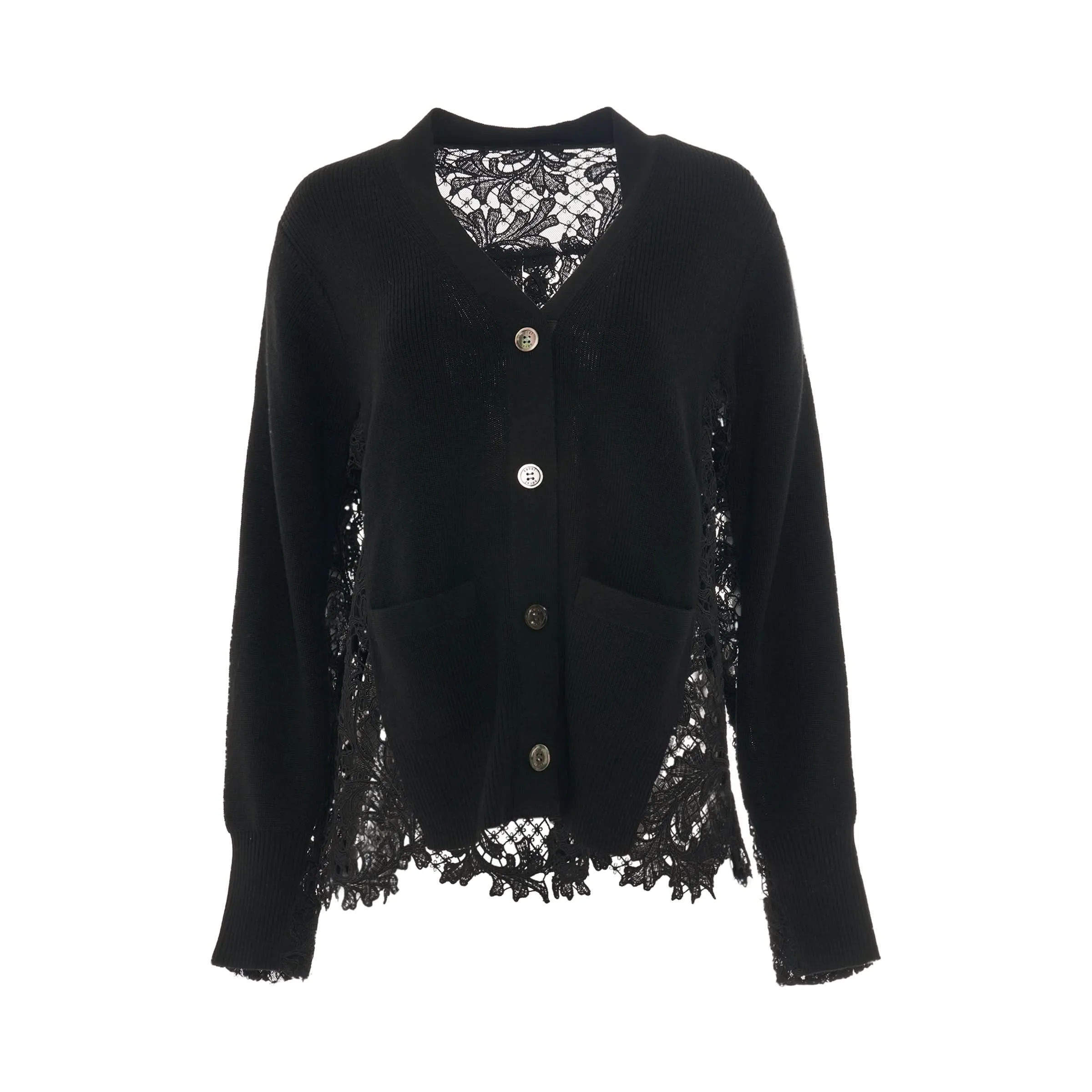 Embroidery Lace Wool Knit Cardigan in Black