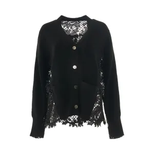 Embroidery Lace Wool Knit Cardigan in Black