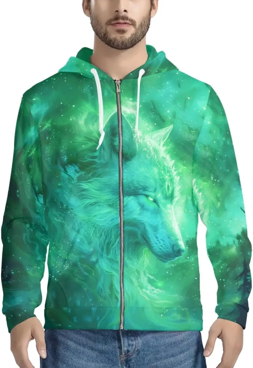 ENLACHIC Men's Novelty Cool 3D Galaxy Wolf Print Graphic Hoodies Zip up Hoodie Pullover Sweatshirts