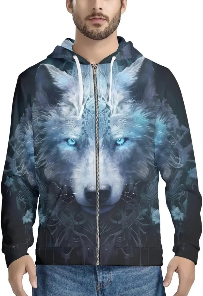 ENLACHIC Men's Novelty Cool 3D Galaxy Wolf Print Graphic Hoodies Zip up Hoodie Pullover Sweatshirts