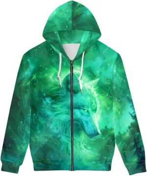 ENLACHIC Men's Novelty Cool 3D Galaxy Wolf Print Graphic Hoodies Zip up Hoodie Pullover Sweatshirts
