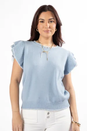 Everywhere and Back Light Blue Flutter Sleeve Stitched Detail Sweater SALE