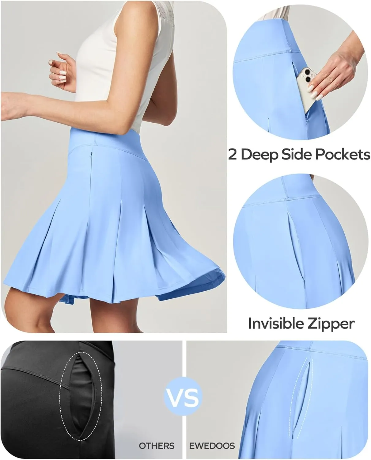 Ewedoos 20Skort Golf Skirts for Women with Zip-Pocket Knee Length Skorts for Woman Casual Athletic Pleated Tennis Skirt