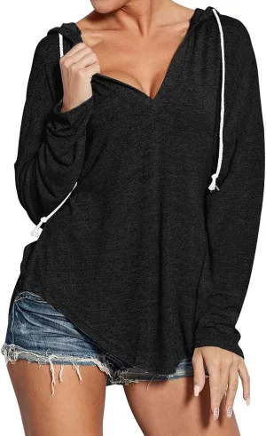 Ezcosplay Women Deep V Neck Solid Pullover Drawstring Loose Sweatshirt Hoodies