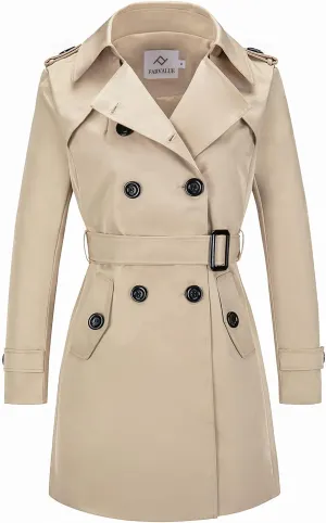 FARVALUE Women's Waterproof Trench Coat Winter Double Breasted Windbreaker Classic Belted Lapel Overcoat