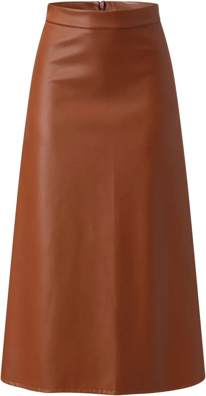 Faux Leather A Line Womens High Waist Skirts Pleather Midi Long Skirt Solid Color Skirt Summer Skirts for Women